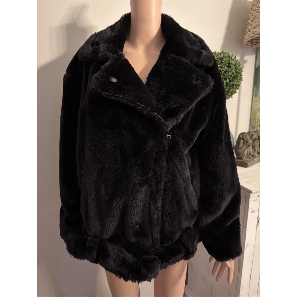 Forever 21 Contemporary Womens Black Faux Fur Overcoat Leather Braiding SZ S